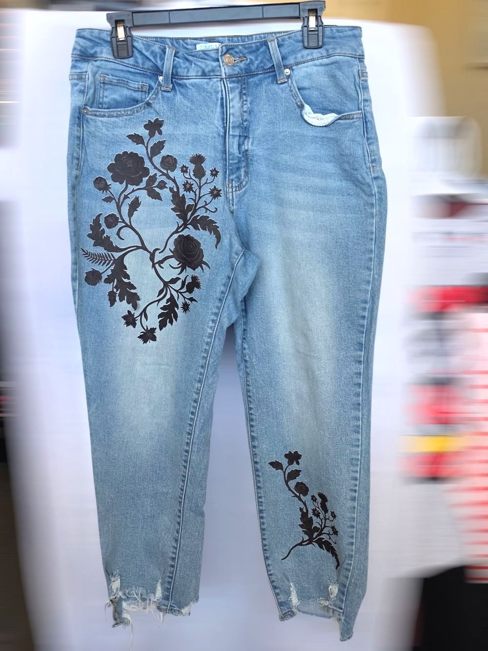 Time and Tru Raw Hem Jeans Custom Black Floral Rose print Light Wash 12